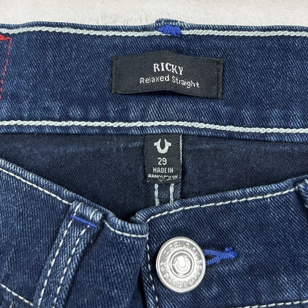 True Religion Ricky Relaxed Straight Jeans Mens 29 Blue Dark Wash Stitch